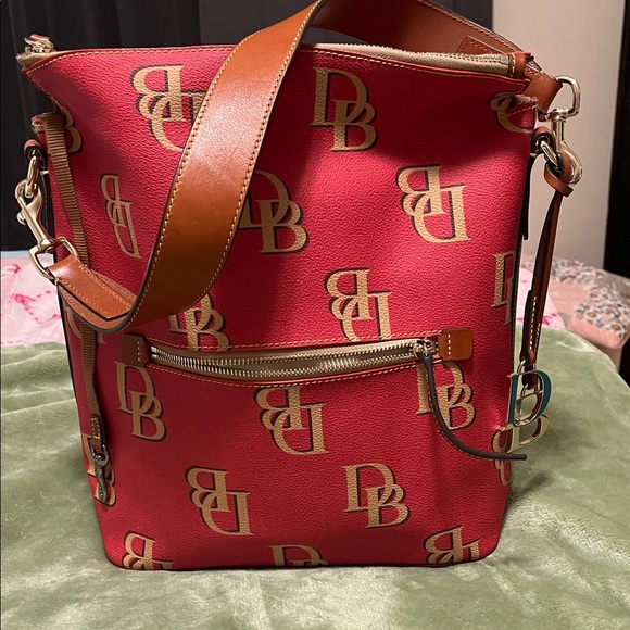 Dooney & Bourke Red and Brown Bucket Bag with Logo - Picture 1 of 8